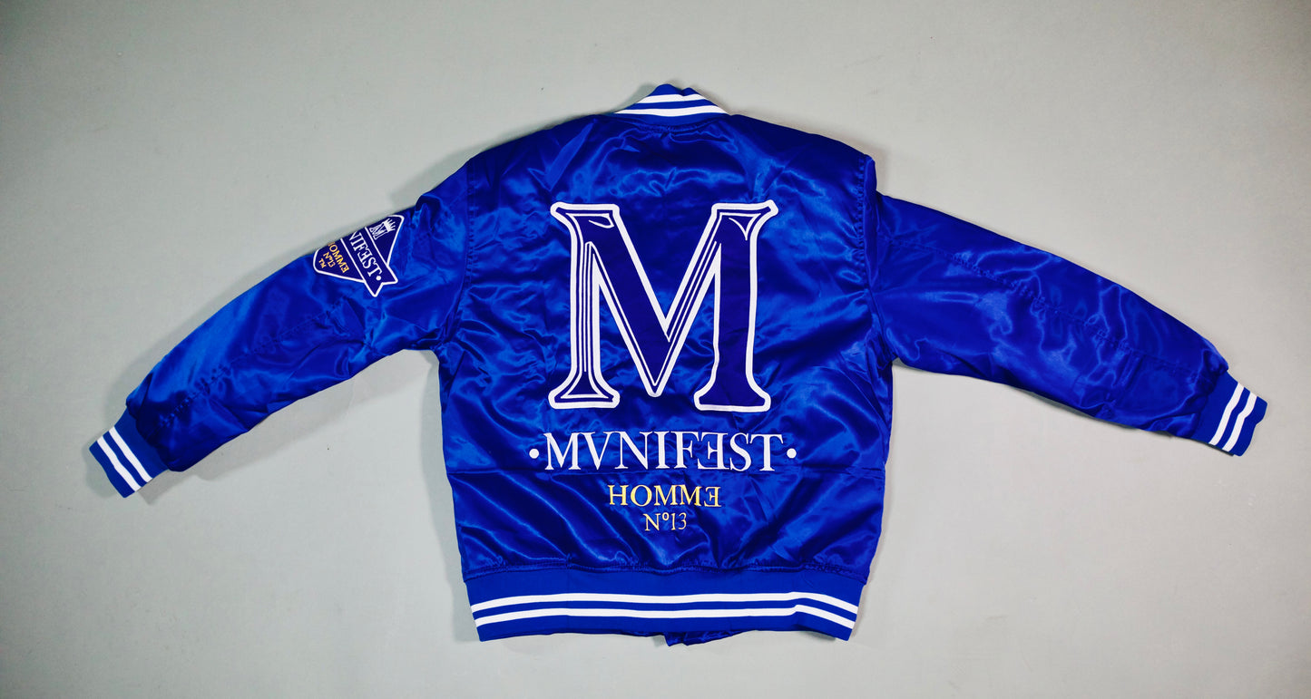 MVNIFEST HOMME Nº13 Satin Varsity Jacket – Blue