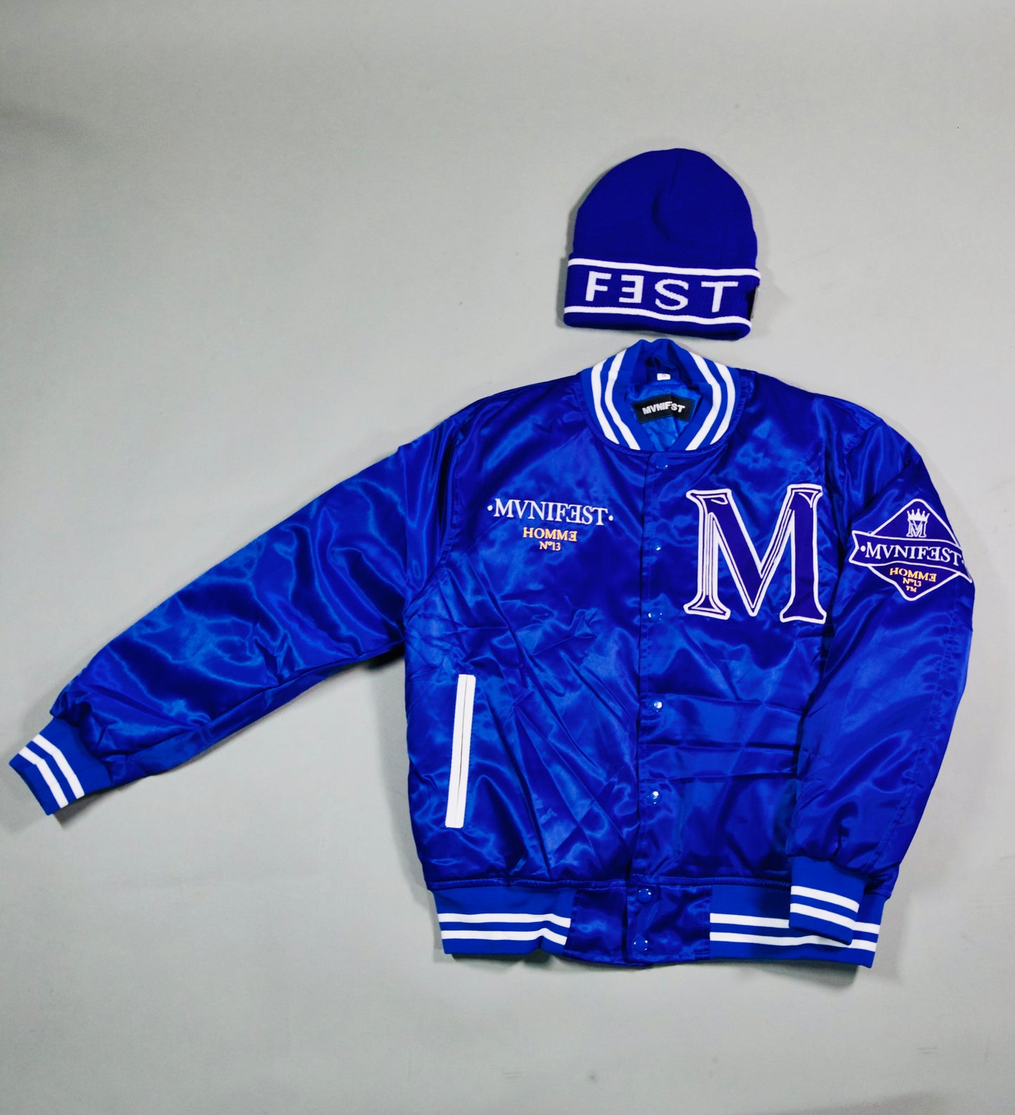 MVNIFEST HOMME Nº13 Satin Varsity Jacket – Blue