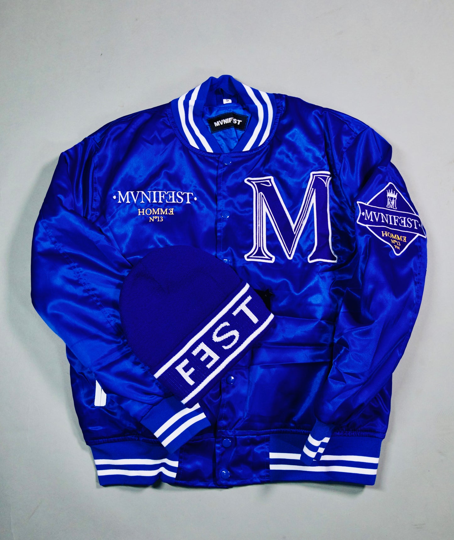 MVNIFEST HOMME Nº13 Satin Varsity Jacket – Blue